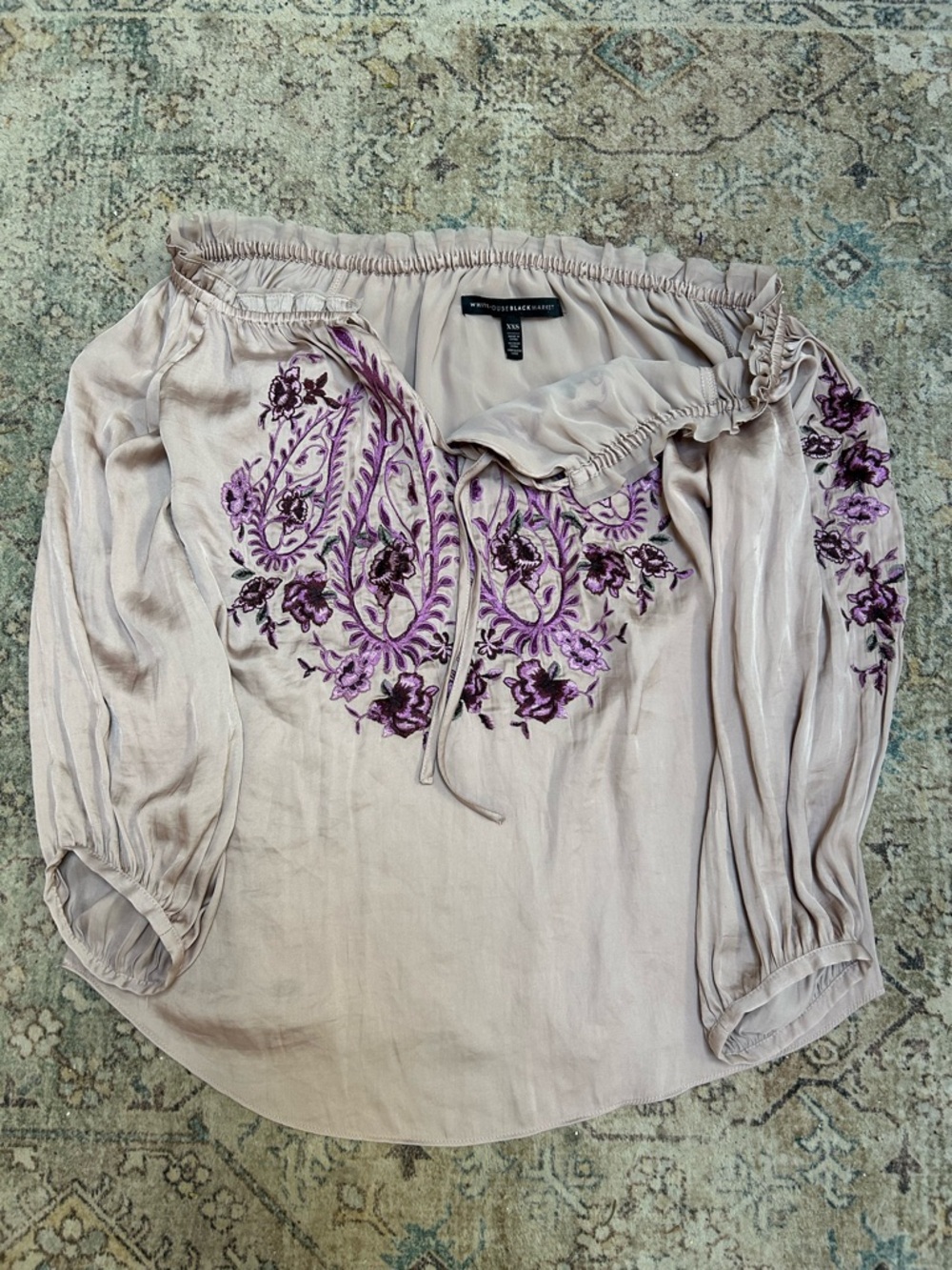 White House Black Market Beige Off-Shoulder Top with Purple Floral Embroidery